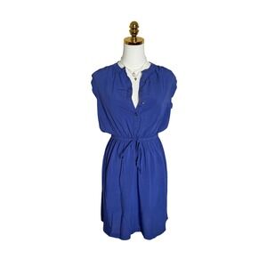 LOFT Blue Cinched Waist Mini Dress | Casual Chic Button Front Boho Summer Dress